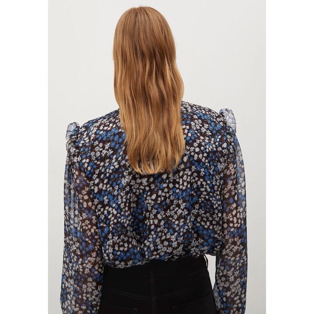 Mango Brown Blue & White Floral Ruffled Long Sleeve Blouse Preppy Summer | Sz 4 - Picture 3 of 12